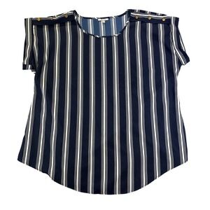 MPH Collection Womens 2X Navy Blue White Striped Button Shoulder Blouse‎ Top